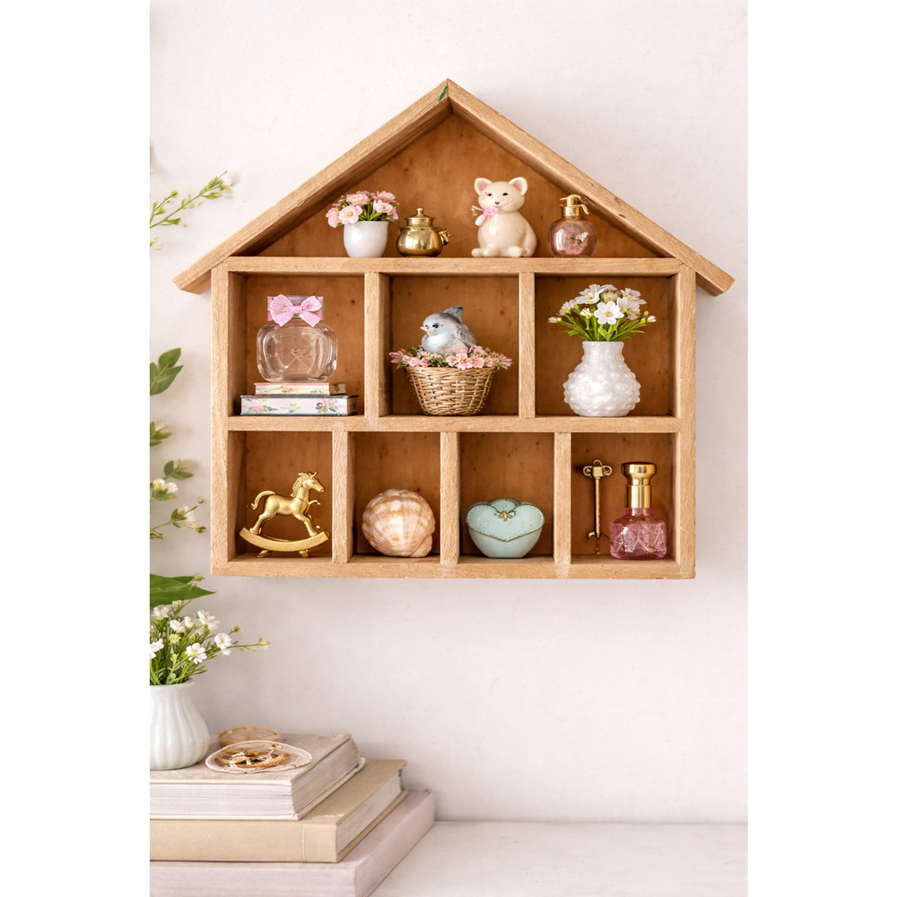 Vintage Wooden House Shelf Trinket Display Shadow Box Cottage Wall Decor Rustic